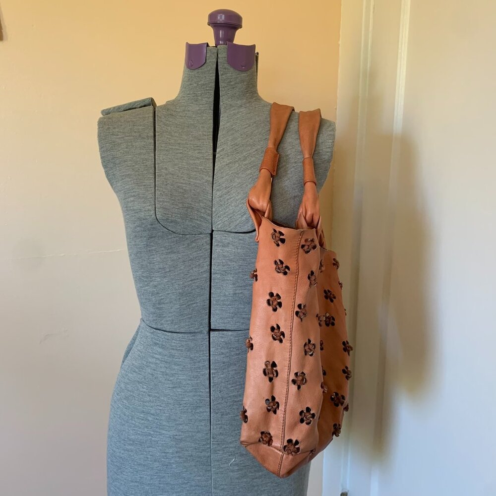Stylish Tan Small Tote Bag with Floral cutouts